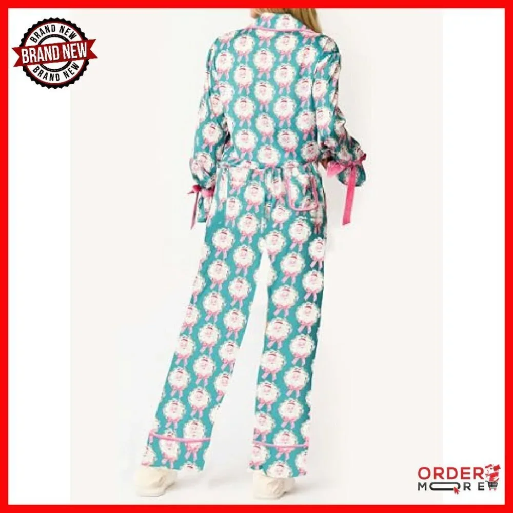 Satin Pajama Set Long Sleeve Button Shirt Wide Leg Pants Sleepwear